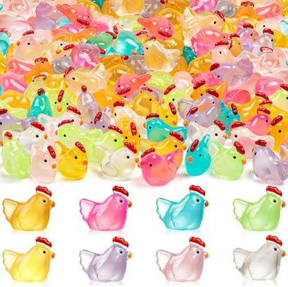 64PCS Luminous Mini Resin Chicken Figurines 8 Colors Tiny Chickens