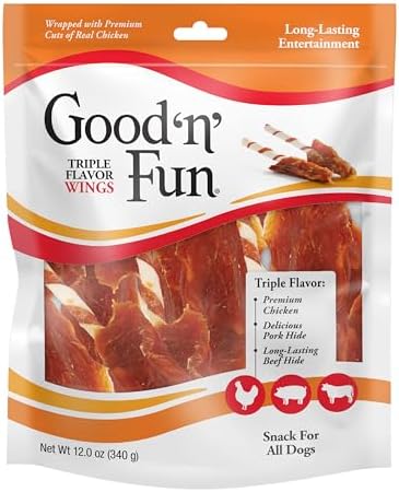 Good 'n' Fun Triple Flavor Wings Chews for All Dogs, 12 Ounces, Treat Your Dog to Long-Lasting Chews Made from Chicken, Pork Hide and Beef Hide (3-Pack)