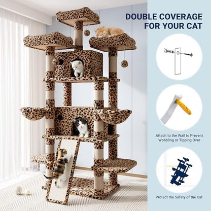 Allewie 82 Inches Large Cat Tree/House/XXL Tall Cat Towers for Big Feline/Scratching Post/Multi-Level Large Kitty Climbing Tree with Condo/Leopard Print