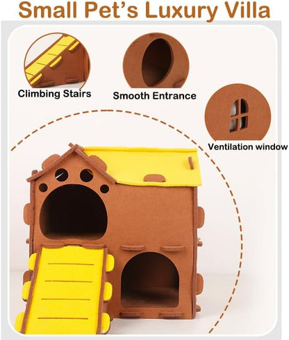 Felt Guinea Pig Hedgehog Hamster Ferret House, 2 Layer with Window Slider, Cozy Small Animal Hideout