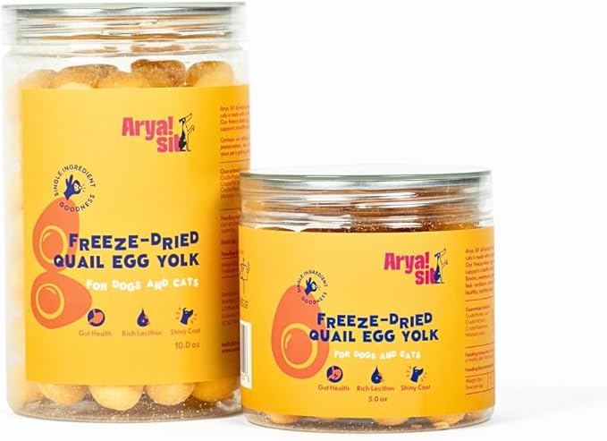 Arya Sit! - Freeze-Dried Single Ingredient Treat (Quail Egg Yolk) for Dogs and Cats - High Protein · Rich in Lecithin for Healthy Coat · No Artificial Ingredients · 4 oz/8 oz