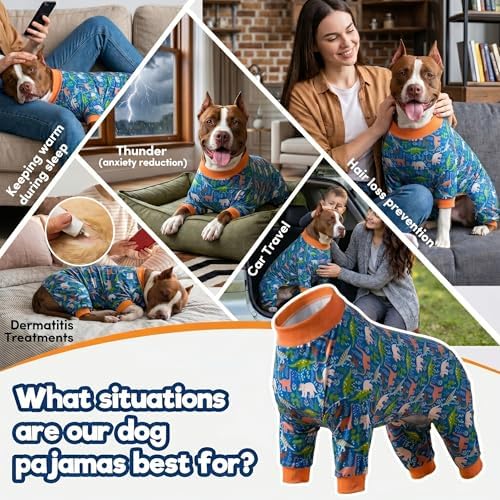 LovinPet Large Breed Dog Clothes Pajamas, Dinosaur Land Blue Print, 3XL