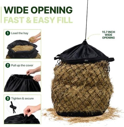 Slow Feed Hay Bag for Horses, Heavy Duty Hay Net for Horses Goats Sheep Donkey, Rigid Quick Fill Collar, 1.7 in Mesh, Waterproof 1000D Armor Bottom, Drain Holes, Stainless Steel Carabiner