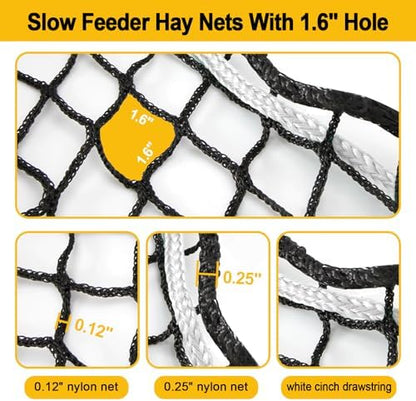 5x5ft Round Bale Hay Net for Horses, Heavy Duty Slow Feed Hay Net with 1.6" Mesh, Black Nylon Hay Feeder for Horses, Cattle, Goats, Includes Free Repair Kit, Reduce Waste