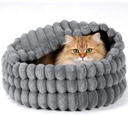 2 in 1 Cat Cave Bed-20.5 in, Washable Round Faux Rabbit Fur Calming Cat Bed