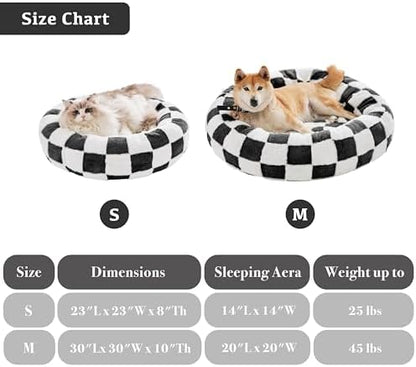 Ohocut Checkered Dog Bed, Cute Black White Retro Style Aesthetic Round Warming Pet Calming Beds for Small Dog and Cats, Plush Cozy Donut Dog Beds Washable, 30" L x 30" W x 8" Th