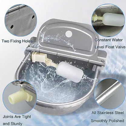 Automatic Animal Water Bowl with Float Valve, 304 Stainless Steel Livestock Water Dispenser for Dog Horse Goat Pig Cow Livestock Water Bowl Kit Includ Pipe Hose, Quick Connecter, Expansion Bolt