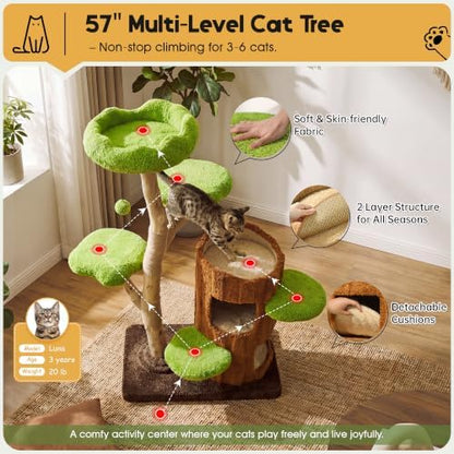 KAMABOKO 57" Tall Indoor Cat Tree, Large Tower with 2 Condos & Sisal Scratching Pad