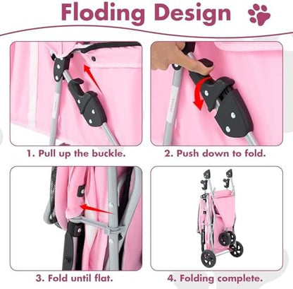 3 Wheels Pet Stroller,Storage Basket and Cup Holder, Breathable Mesh, Waterproof and Foldable for Small/Medium Dogs and Cats Strollers, Lightweight Travel Carrier for Daily Walks & Outdoor，Pink