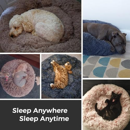 Calming Round Dog Bed with Anti-Slip Bottom, Medium Size Washable Anti-Anxiety Donut Dog Beds for Medium Dogs, Fluffy Plush Soft Dog Bed(27 Inch, Light Grey)