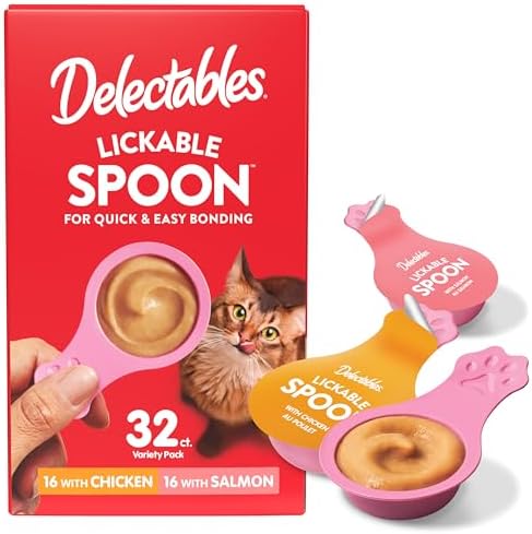Delectables Lickable Spoon Handheld Wet Cat Treats Made with Real Chicken & Salmon, Quick & Easy Creamy Puree, Mess Free, Grain-Free, No Added Fillers, No by-Products, Variety Pack, 32ct