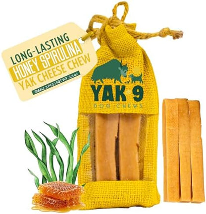 Yak9 Himalayan Yak Cheese Dog Chew, Honey & Spirulina | High Protein Treats, High Fiber, Rawhide Free, Long Lasting Treats | Small Yak Chew, 3 PC