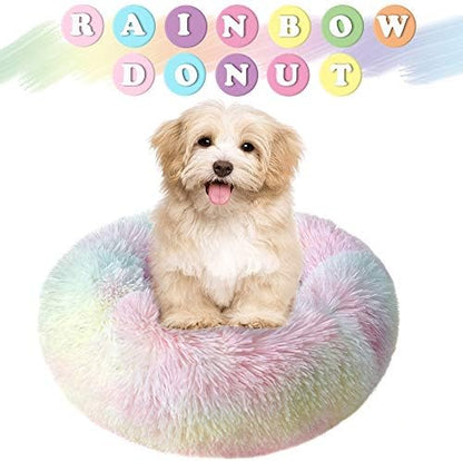 otoez Kitten Puppy Bed Extra Small XS Round Dog Cat Beds Anti Anxiety Plush Pet Calming Donut Bed with Non-Slip Waterproof Bottom, Washable (15.7", Rainbow)