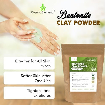 Cosmic Element 100% Pure Calcium Bentonite Clay Powder - Bentonite Clay Food Grade, Vegan, Healing Clay | Skin Care Detox - Deep Pore Cleansing Face & Body Mask for Soft, Smooth, Refreshed Skin | 4 oz