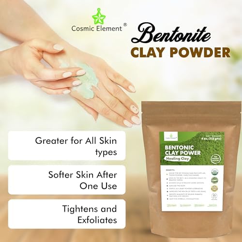 Cosmic Element 100% Pure Calcium Bentonite Clay Powder - Bentonite Clay Food Grade, Vegan, Healing Clay | Skin Care Detox - Deep Pore Cleansing Face & Body Mask for Soft, Smooth, Refreshed Skin | 4 oz