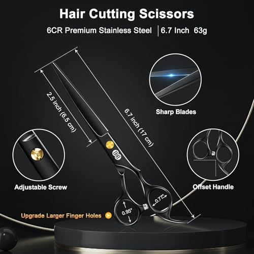 CIICII Hair Cutting Scissors Shears Kit, 6.7″ Barber Scissors Set (Black)