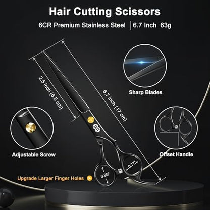 CIICII Hair Cutting Scissors Shears Kit, 6.7″ Barber Scissors Set (Black)