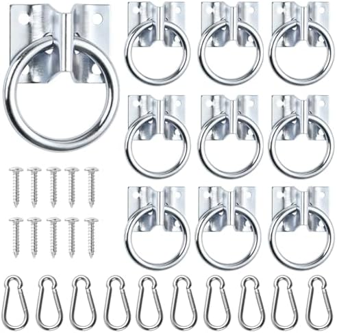 10 Pcs Cross Tie Ring Set, Horse Trailer Tie Ring with 10 Spring Snap Hook and 40 Screws, Tie Down Ring for Stall, Trailer, Barn, Racetrack, Pasture