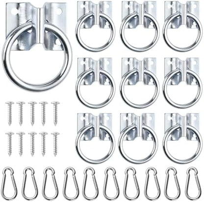 10 Pcs Cross Tie Ring Set, Horse Trailer Tie Ring with 10 Spring Snap Hook and 40 Screws, Tie Down Ring for Stall, Trailer, Barn, Racetrack, Pasture