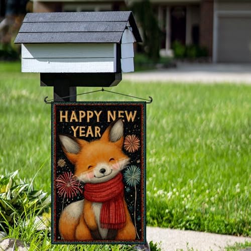Happy New Year Garden Flag 12x18 Double Sided Vertical Linen Small Fireworks Fox House Flag Welcome Holiday Winter House Outdoor Outside Decorations (27166)
