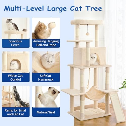Cat Craft Cat Tree 63 Inch Cat Tower for Indoor Cats, Multi-Level Cat Tree for Large Cats 20 lbs+ Heavy Duty Cat Tower with Sisal Scratching Posts, Hammock, Condo and Extended Platform, Beign