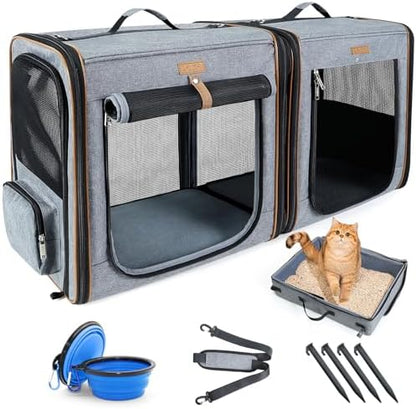 Lekereise Large Cat Carrier for 2 Cats, 2-in-1 Cat Travel Carrier with Litter Box, (17.7" x2) x16.5"x13" Pet Carrier with Zipper Locks for Moving Across The Country (No Hammock) - Grey