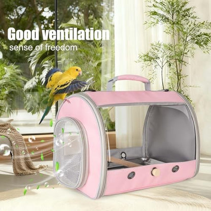 Bird Carrier, Portable Small Bird Parrot Parakeet Carrier with Standing Perch and Stainless Steel Tray, Side Access Window Collapsible (Pink, Cylinder Design - Clear)