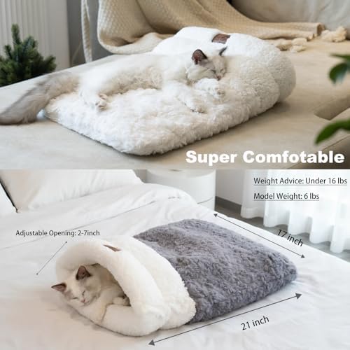 Self Warming Cat Cave Bed Double-Layer Faux Fur Sleeping Bag White