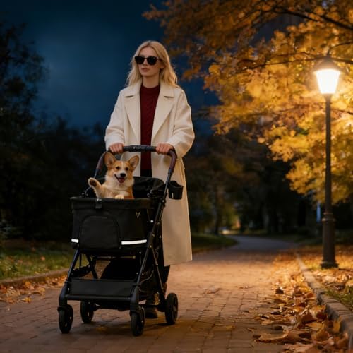 Dog Stroller with No-Zip Buckle Canopy, fits 2 Small Cats or 1 Medium pet,44 lbs Capacity One-Hand Fold,Lockable Front Wheels, Rear Brake