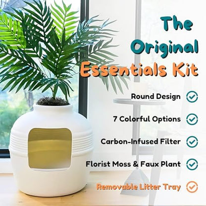 Good Pet Stuff Original Hidden Litter Box Planter, Decorative Cat Litter Enclosure, Carbon Filter, Faux Plant, Easy to Clean, Round Design, Removable Tray, Essentials Kit, Palm Plant, Soft White