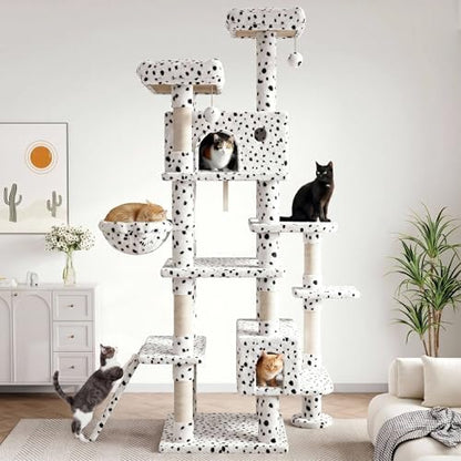 SHA CERLIN 82 inch, Multi-Level Cat Tree Tower for Indoor Cats, Cat Condo with Sisal Scratching Posts, Plush Perches, Hammocks, Toy Balls, White & Black Spot