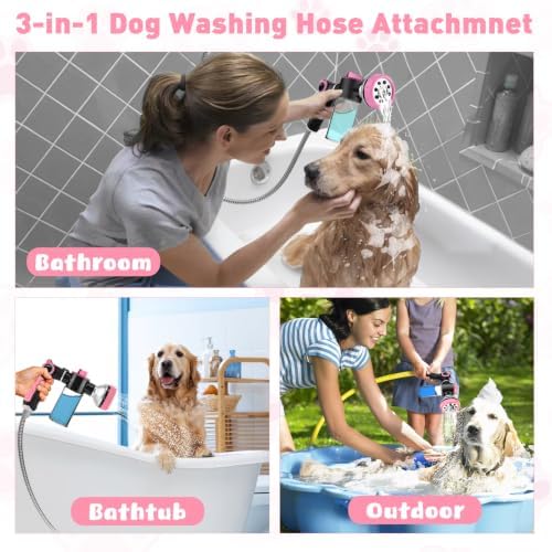 Dog Shower Attachment with 6.6FT Shower Hose, 8 Sprayer Modes Dog Washing Hose Attachment for Bathroom & Bathtub, Outdoor Use Dog Washing Kit with Pet Grooming Glove Shampoo Dispenser and Holder