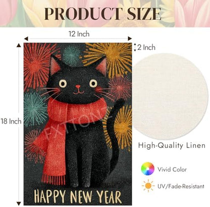 Happy New Year Garden Flag 12x18 Double Sided Vertical Linen Small Fireworks Black Cat House Flag Welcome Holiday Winter House Outdoor Outside Decorations (27173)
