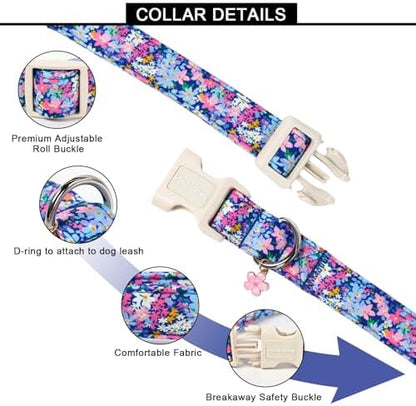 Lionet Paws Floral Dog Collar Summer Wildflowers Daisy Fleabane Collars with Pink Peach Pattern Pendant - Female Girl Dog Collar for Medium Large Dogs M