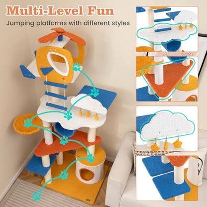 PETSITE 70 inch Tall Aviation-Themed Cat Tree Tower, Multi-Level Cute Cat Tower with Sisal Scratching Posts, Helicopter Top Perch, Basket Bed, Tunnel, Climbing Ladder, and Star-Shaped Hanging Toys