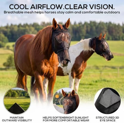 Horse Fly Mask Without Ears, Removable Nose Cover, Large