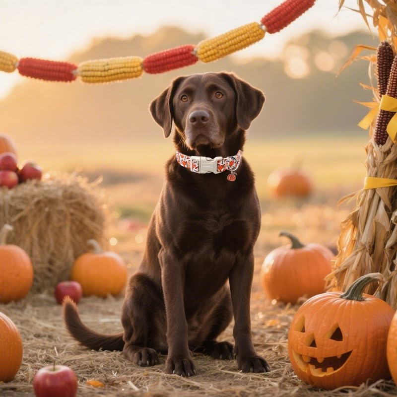 Lionet Paws Fall Dog Collar- Cute Orange Pumpkin White Dog Collars with Plastic Buckle and Pumpkin Pendant,Light Adjustable Dog Collars for Medium Large Dogs