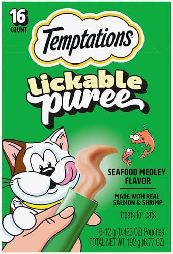 Temptations Creamy Puree Lickable Cat Treats, Seafood Medley, 16 Count