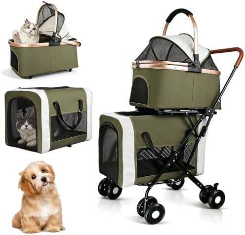 Double Pet Stroller for Dogs and Cats: Dog Stroller Foldable Travel Carriage with Detachable Carriers, Safety Belts, and 4 Lockable Wheels for Small to Medium Pets – Ideal for Multi-Pet Homes (Green)