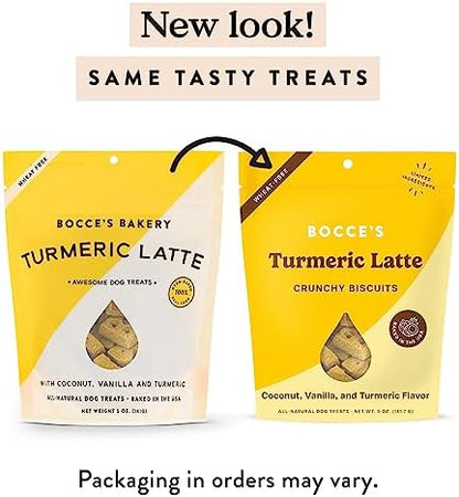Bocce's Bakery Oven Baked Turmeric Latte Treats for Dogs, Wheat-Free Everyday Dog Treats, Made with Real Ingredients, Baked in The USA, All-Natural Biscuits, Coconut, Vanilla, & Turmeric, 5 oz
