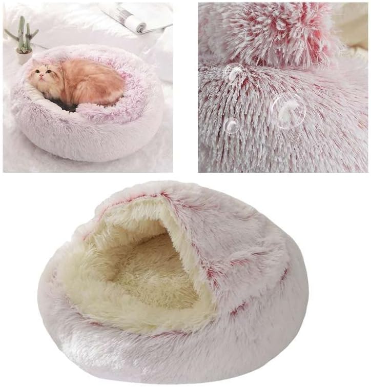 Round Fluffy Hooded Cat Bed Cave, Anti-Anxiety Cave Bed with Blanket