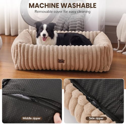 Dog Beds Large Sized Dog,Rectangle Orthopedic Pet Bed for Large Dog, Comfort Fluffy Memory Foam Dog Beds with Anti-Slip Bottom,Camel (35x25x9 inches)