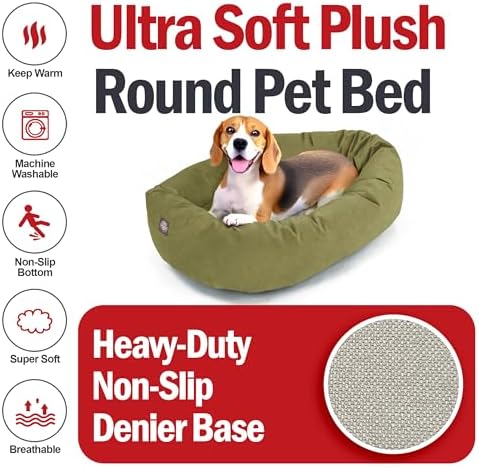 Majestic Pet 32 Inch Suede Calming Dog Bed Washable – Cozy Soft Round Dog Bed with Spine Support for Dogs to Rest Their Head - Fluffy Donut Dog Bed 32x23x7 (Inch) - Round Pet Bed Medium – Sage (2025)