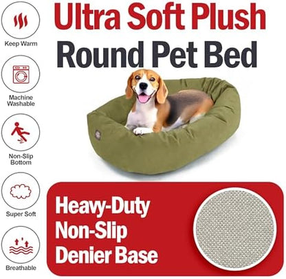 Majestic Pet 32 Inch Suede Calming Dog Bed Washable – Cozy Soft Round Dog Bed with Spine Support for Dogs to Rest Their Head - Fluffy Donut Dog Bed 32x23x7 (Inch) - Round Pet Bed Medium – Sage (2025)