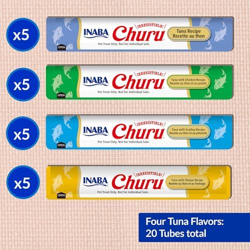 INABA Churu Cat Treats, Lickable, Squeezable Creamy Purée Cat Treat with Green Tea Extract & Taurine, 0.5 Ounces Each Tube, 20 Tubes, Tuna Variety Box