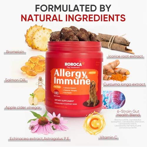 Dog Allergy Relief Chews – Anti Itch & Skin Support for Dogs, Stops Scratching, Paw Licking & Hot Spots, Probiotics for Gut & Immune Health, Chicken Flavor, 180 Soft Chews