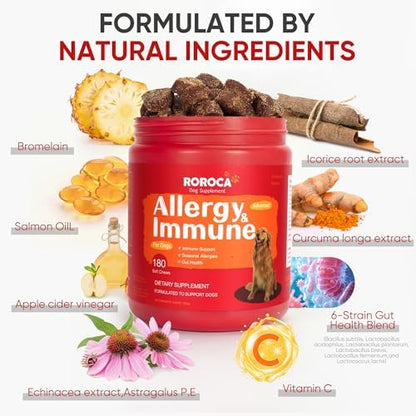 Dog Allergy Relief Chews – Anti Itch & Skin Support for Dogs, Stops Scratching, Paw Licking & Hot Spots, Probiotics for Gut & Immune Health, Chicken Flavor, 180 Soft Chews