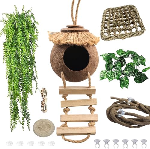 Gecko Coconut Hideout with Ladder,Reptile Hammock Plants Vines Jungle Terrarium Decor Tank Accessories for Crested Geckos,Leopard Geckos,Lizard,Snakes,Tree Frogs