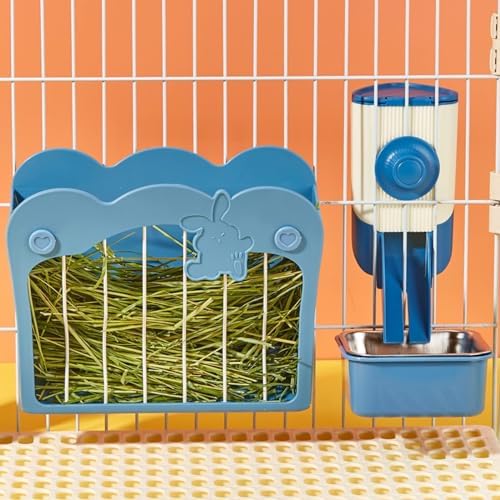 Rabbit Hay Feeder, 3-in-1 Feeding Set with Food Bowl and Hanging Funnel for cage, Hay Rack for Bunny Guinea Pig Chinchilla (Blue)