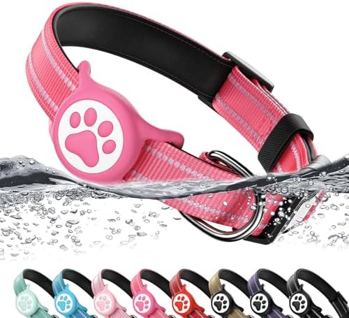 Premium Airtag Dog Collar，with IP68 Waterproof AirTag Holder,Hotpink,L